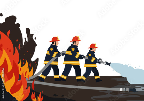 Firefighters bravely battle a raging fire, working as a team with hoses. Dynamic action shot with intense flames and a dramatic backdrop. Suitable for commercial use.