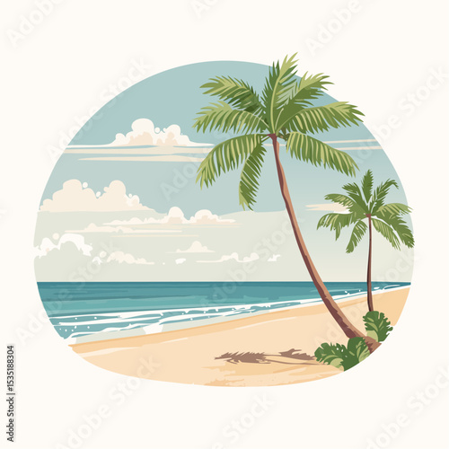 Vector Tropical sandy ocean beach with palm trees, vintage background