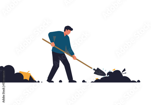 A man clears debris at night with a shovel, creating a clean path. A tent is visible in the background. Minimalist, graphic style.