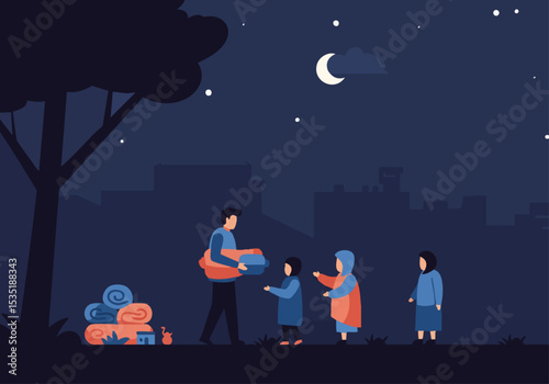 A man distributes blankets to a family under a starry night sky. Warm, comforting scene with a focus on community support.  Illustrative style.