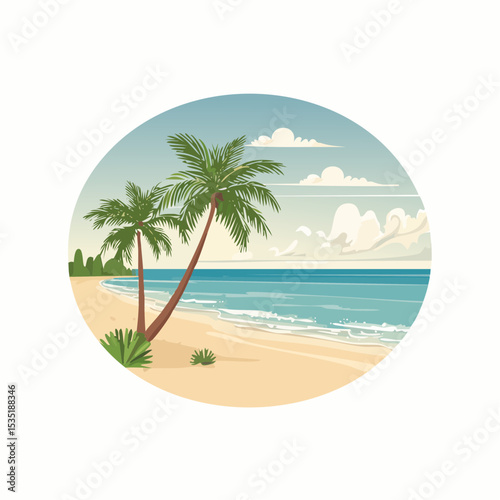 Vector Tropical sandy ocean beach with palm trees, vintage background