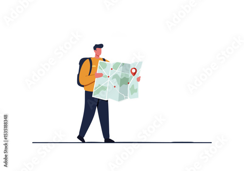 A man explores with a map, highlighting adventure and travel. Modern illustration style, perfect for marketing and travel content.