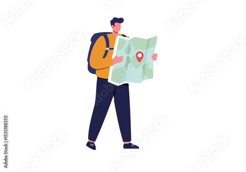A man explores with a map, guided by a distant flame. Illustrative style, perfect for travel and adventure concepts. Modern, flat design.