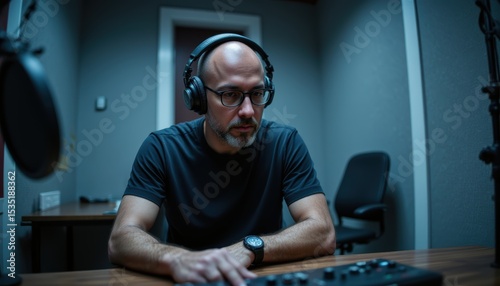 Focused Music Producer in a Sound Studio Engaged in Audio Editing with Headphones on