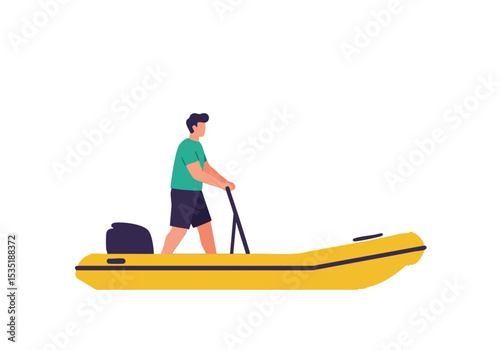 A man operates a yellow rescue boat on water. Clean, modern illustration style. Focus on rescue operations. Bright, bold colors.