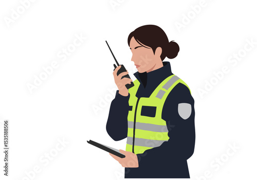 A female professional uses a radio and tablet outdoors, wearing a high-visibility vest. Clear, modern illustration style. Suitable for commercial use.