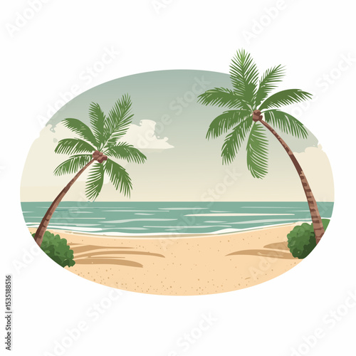 Vector Tropical sandy ocean beach with palm trees, vintage background