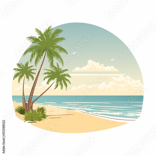 Vector Tropical sandy ocean beach with palm trees, vintage background
