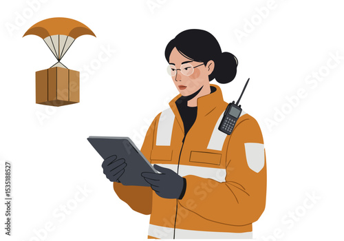 A professional woman uses a tablet to monitor a delivery drop, wearing safety gear. Modern illustration style. Focus on logistics and technology.