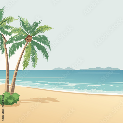 Vector Tropical sandy ocean beach with palm trees, vintage background