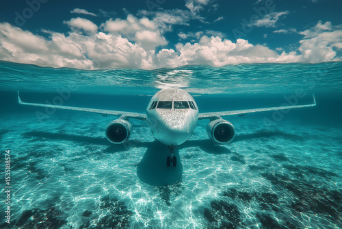 Airplane Sinking Underwater in Clear Blue Ocean Water, a Surreal Concept