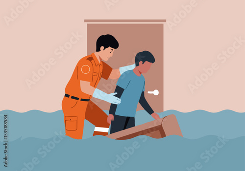 A rescue worker assists a man struggling in floodwaters.  Dramatic scene, highlighting support and emergency response.  Clear composition, impactful imagery.