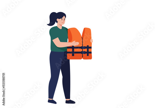 A woman confidently holds a life vest rescue, showcasing preparedness and safety. Bright orange vest against a yellow background. Clean, modern illustration.