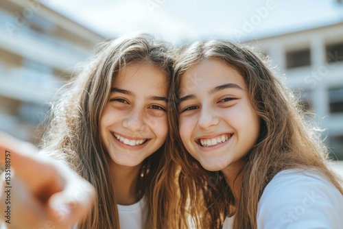 Premium Quality Picture of Two High School Girls Smiling with Finger Pointing at Camera photo