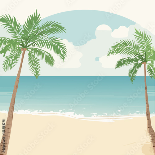 Vector Tropical sandy ocean beach with palm trees, vintage background