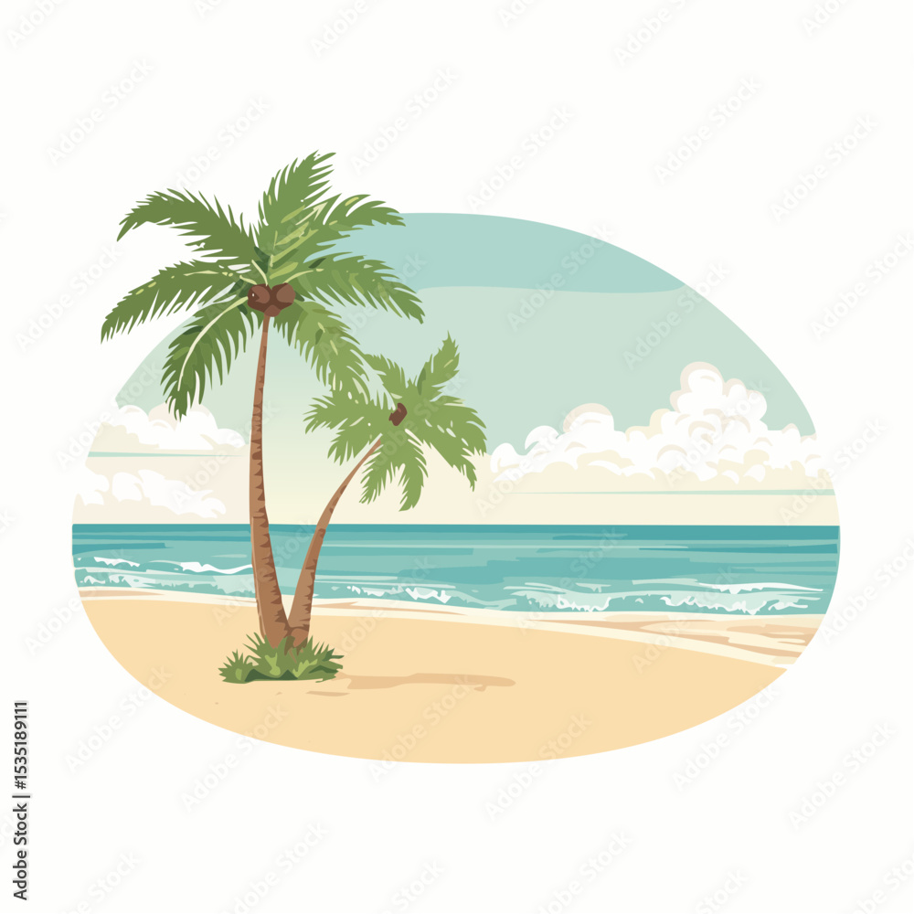 Obraz premium Vector Tropical sandy ocean beach with palm trees, vintage background