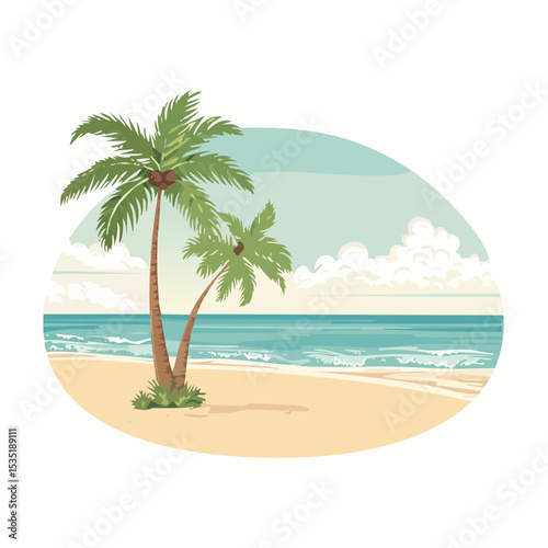 Vector Tropical sandy ocean beach with palm trees, vintage background