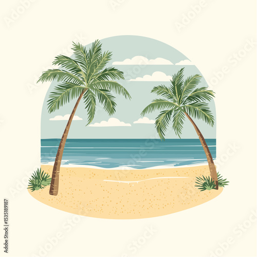 Vector Tropical sandy ocean beach with palm trees, vintage background