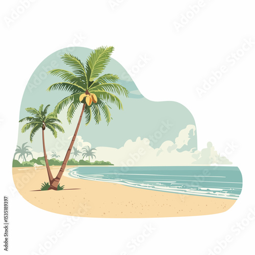 Vector Tropical sandy ocean beach with palm trees, vintage background