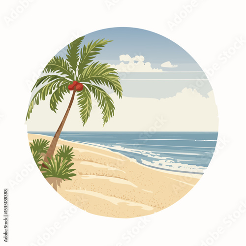 Vector Tropical sandy ocean beach with palm trees, vintage background