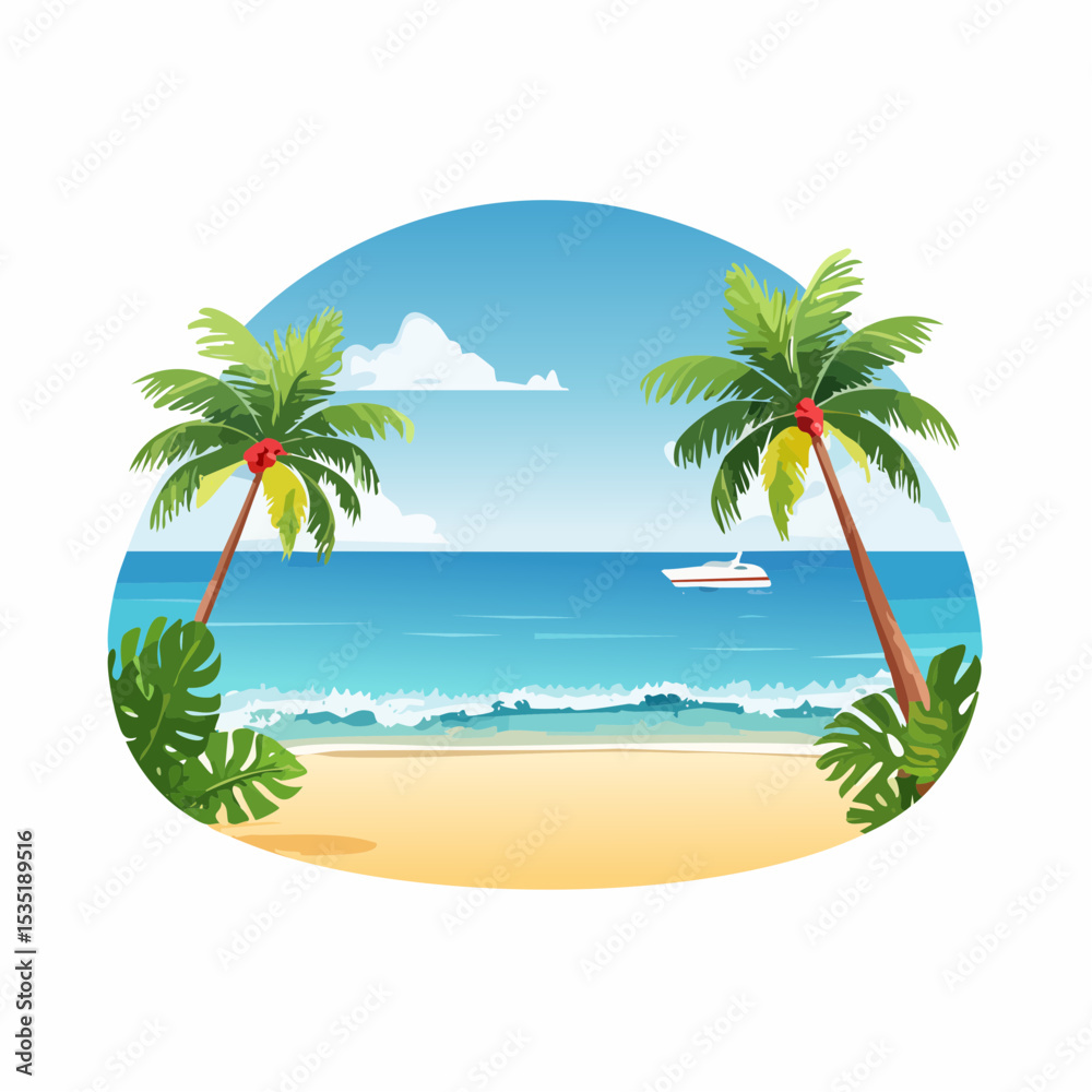 Obraz premium Vector Tropical sandy ocean beach with palm trees, vintage background