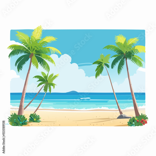 Vector Tropical sandy ocean beach with palm trees, vintage background