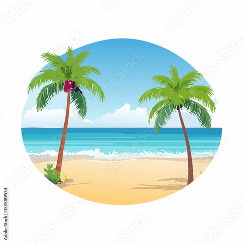 Vector Tropical sandy ocean beach with palm trees, vintage background