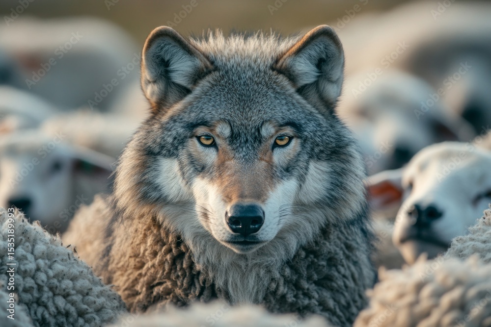 Fototapeta premium Wolf hiding among sheep, creating a powerful image of concealed threat and vulnerability