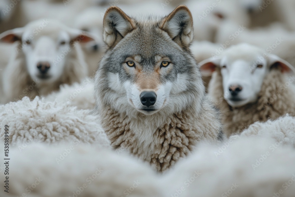 Fototapeta premium Wolf hiding among sheep, blending in with the flock and camouflaging itself to deceive and hunt