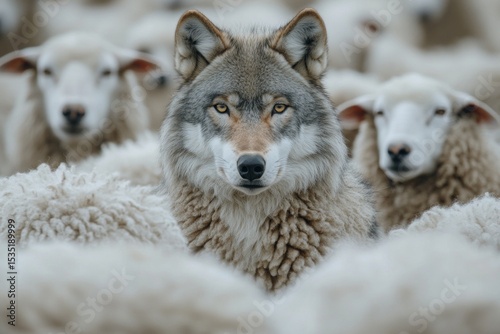 Wolf hiding among sheep, blending in with the flock and camouflaging itself to deceive and hunt