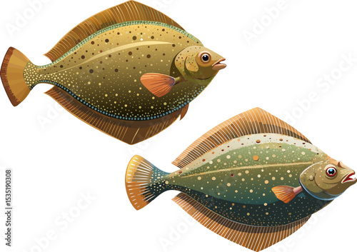 A flat flounder with speckled brown skin, lying on white background