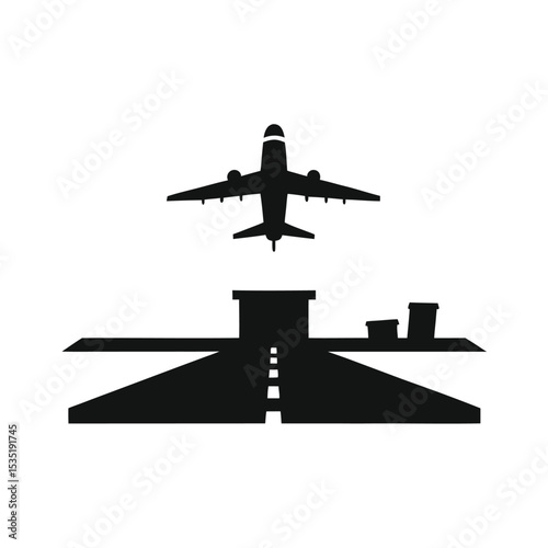 Black Silhouette Airliner Taking Off Airport Runway Simple Icon Graphic airplane