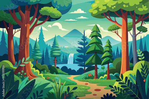 Enchanted Forest Path Lush Greenery, Majestic Mountains, and Cascading Waterfall