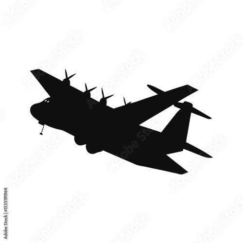 Black Silhouette of a Military Cargo Plane in Flight Three Propellers Visible Against White Background