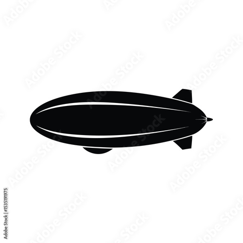 Black Silhouette Old Fashioned Zeppelin Airship Flying High Above White Background Classic Vintage Air Travel