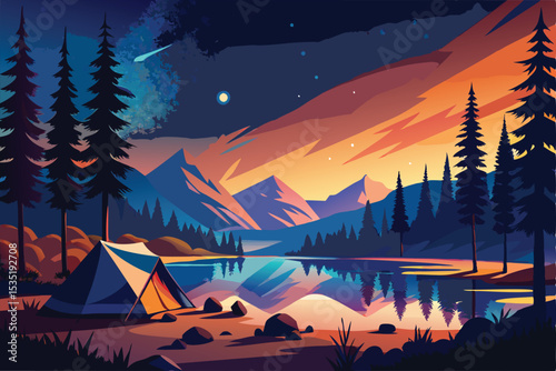 Serene Night Camping by the Lake Mountain Majesty Under Starry Sky