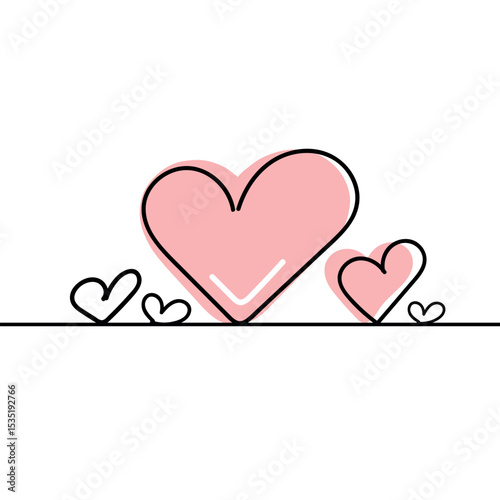 Continuous line drawing of a heart, black and white vector minimalist love concept illustration. Set.