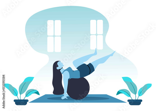 Flat illustration Woman exercising on a pilates ball