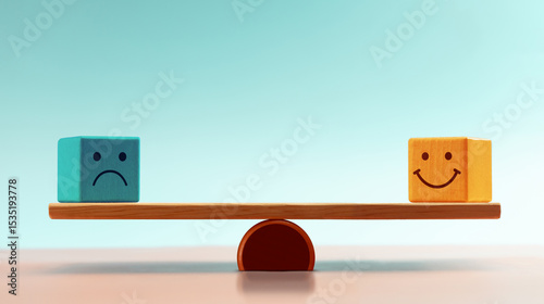 Balancing emotions shown with happy and sad blocks on a Balance Scale, symbolizing Mental health management and emotional control