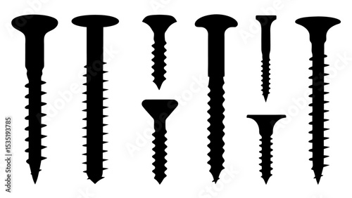 Set of black various screws vector silhouette