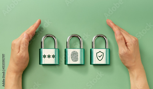 Cybersecurity Conceptual image. Hands securing padlocks representing password, fingerprint, and shield for digital authentication and multi-layered security