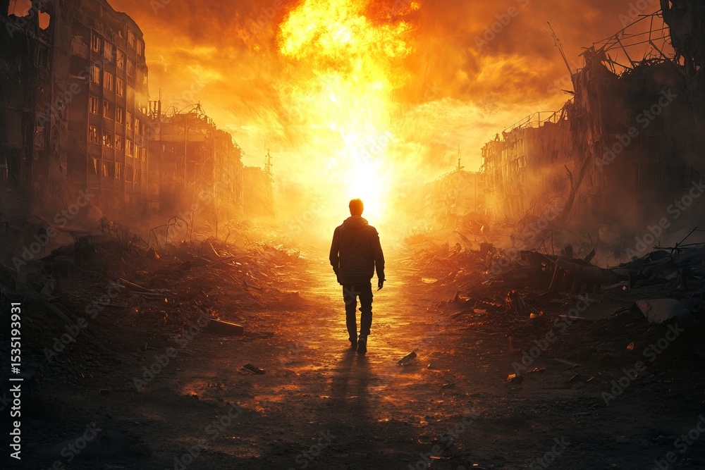 Fototapeta premium Man walking away from massive explosion in apocalyptic cityscape, dramatic cinematic moment filled with destruction and fiery intensity