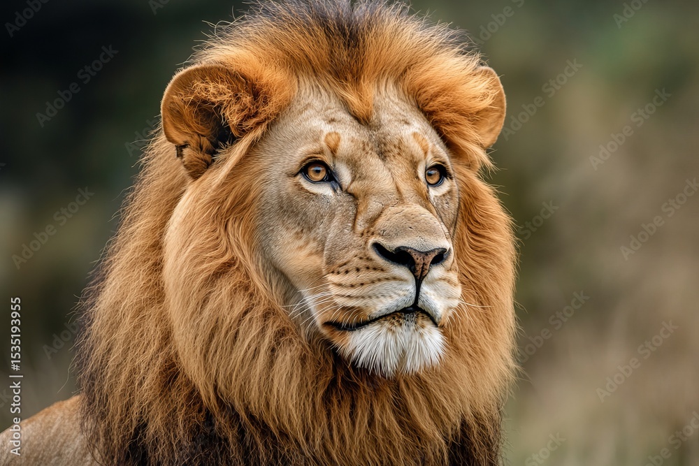 Majestic lion with golden mane staring into distance, symbol of strength, pride, and nobility in natural savanna setting Majestic lion with golden mane staring into distance, symbol of strength, pride, and nobility in natural savanna setting