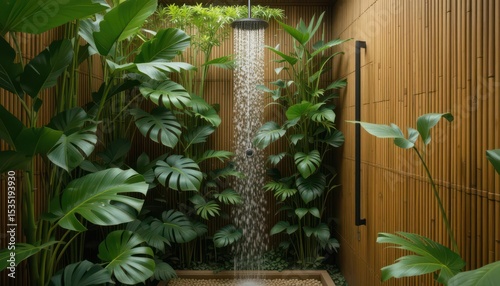  A refreshing shower surrounded by lush Monstera leaves and bamboo stalks, creating a tropical paradise within your bathroom.