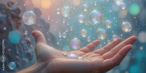  Rainbow Sheen Pearlescent Water Spheres Hovering Over a Palm, Shimmering Backdrop, Fantastical Imagery, Digital Illustration