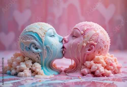  Frozen Delight Ice Cream Scoops Touching, Resembling a Kiss, A Whimsical and Sugary Celebration of Sweetness