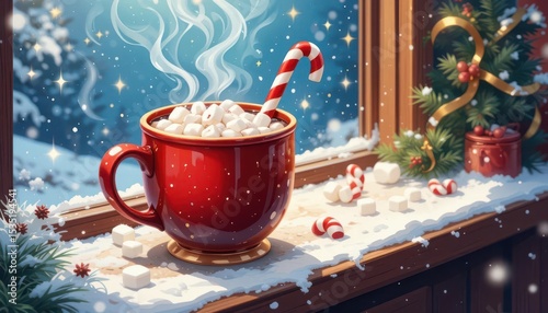  Festive Hot Chocolate Illustration with Candy Canes, Stars, and a Warm, Inviting Atmosphere
