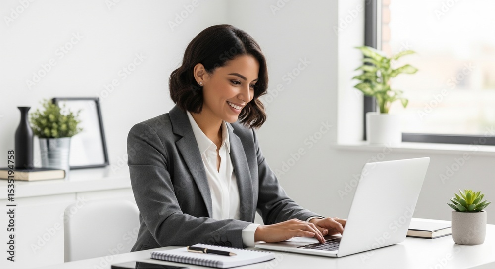 Smiling businesswoman working on laptop in modern office Smiling businesswoman working on laptop in modern office