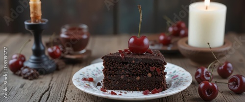  Warm and Inviting Chocolate Cake on a Wooden Table with a Rustic Charm, Featuring a Handmade Candle.