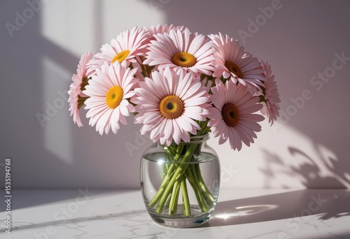  Photorealistic Daisies in a Clear Glass Vase with Reflected Light and Shadows